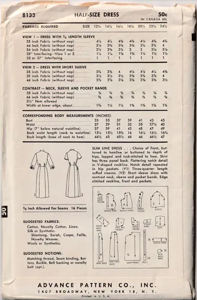 1950's, Slim-Line Dress in Factory Folds! Original Advance 8133 size 41” bust