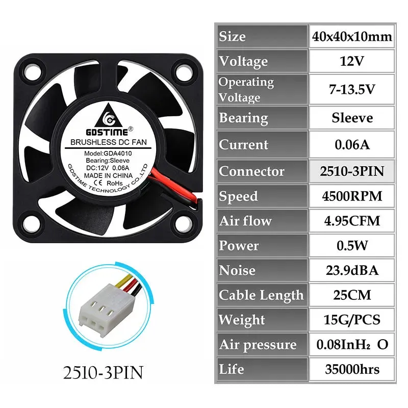 1Piece Gdstime 5V 12V 24V 40X40X10Mm Dual Ball Bearing Mini Small Brushless Dc 3D Printer Cooling Fa