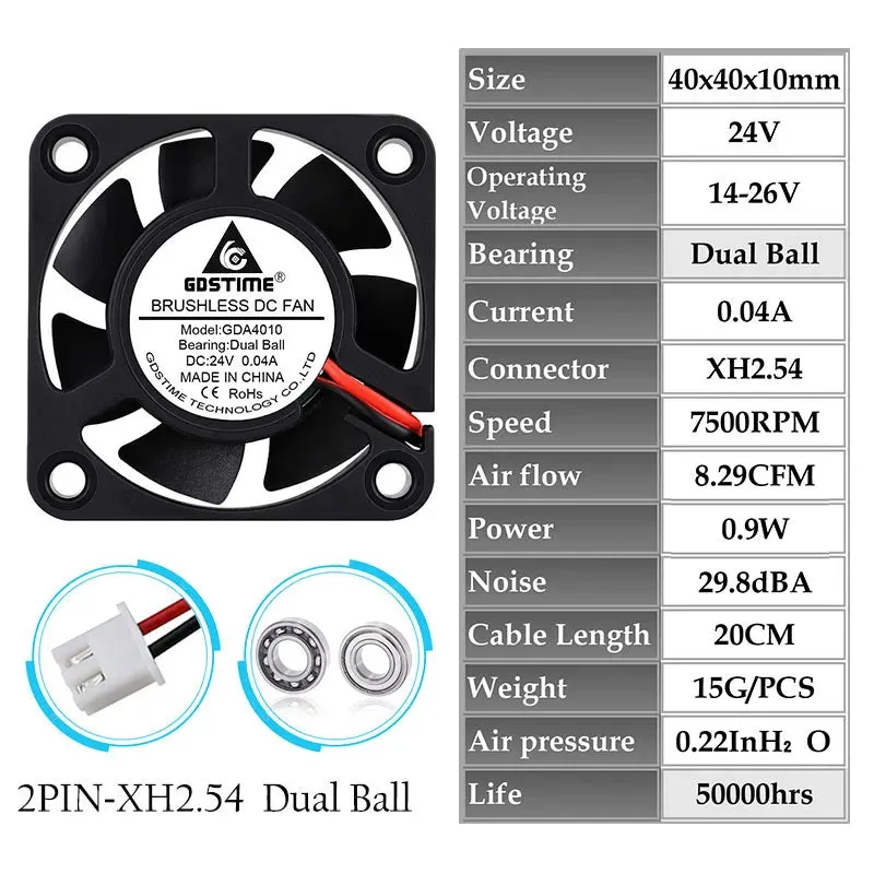 1Piece Gdstime 5V 12V 24V 40X40X10Mm Dual Ball Bearing Mini Small Brushless Dc 3D Printer Cooling Fa