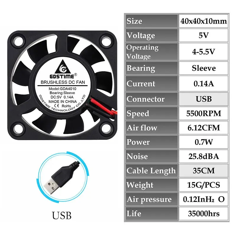 1Piece Gdstime 5V 12V 24V 40X40X10Mm Dual Ball Bearing Mini Small Brushless Dc 3D Printer Cooling Fa