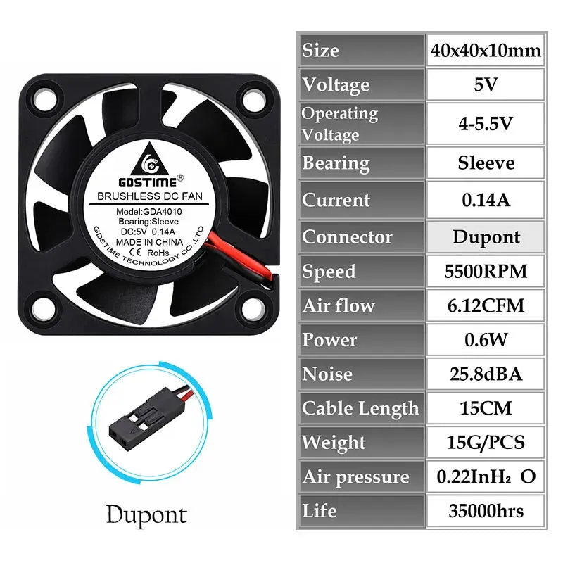 1Piece Gdstime 5V 12V 24V 40X40X10Mm Dual Ball Bearing Mini Small Brushless Dc 3D Printer Cooling Fa