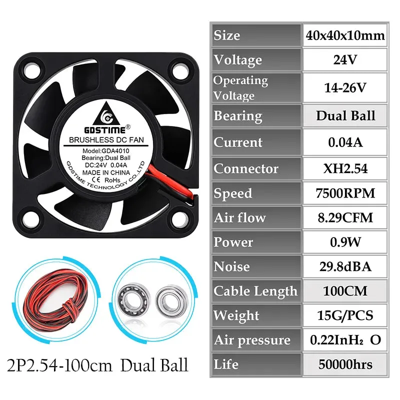 1Piece Gdstime 5V 12V 24V 40X40X10Mm Dual Ball Bearing Mini Small Brushless Dc 3D Printer Cooling Fa