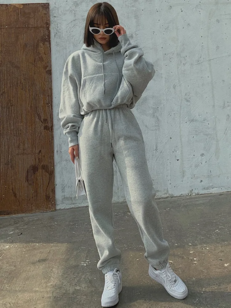 2024Solid Casual Tracksuit Fleece 2 Pieces Set