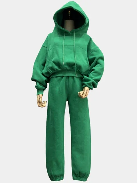 2024Solid Casual Tracksuit Fleece 2 Pieces Set