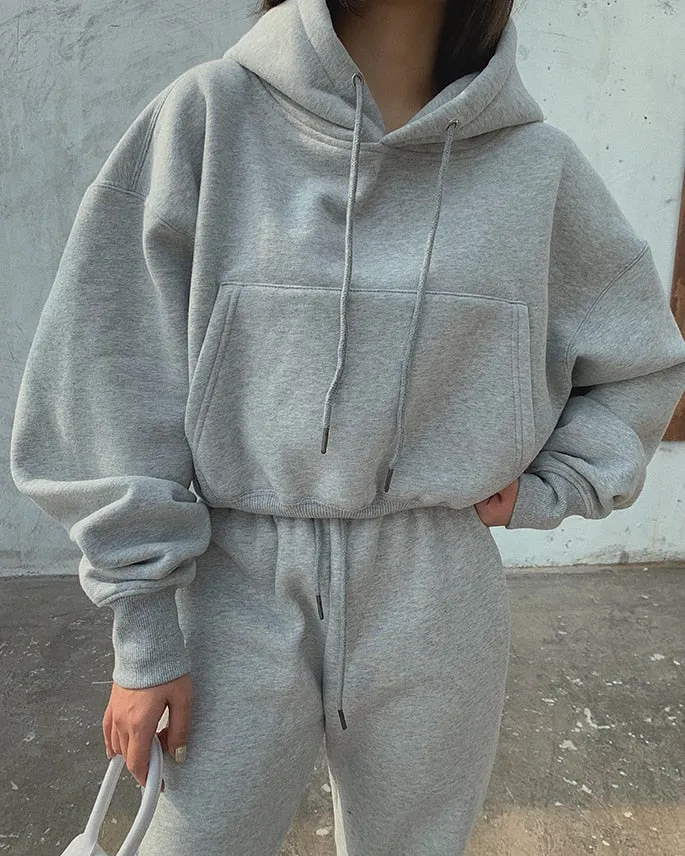 2024Solid Casual Tracksuit Fleece 2 Pieces Set