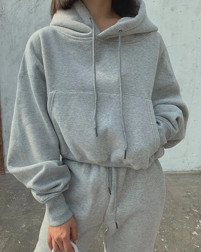 2024Solid Casual Tracksuit Fleece 2 Pieces Set