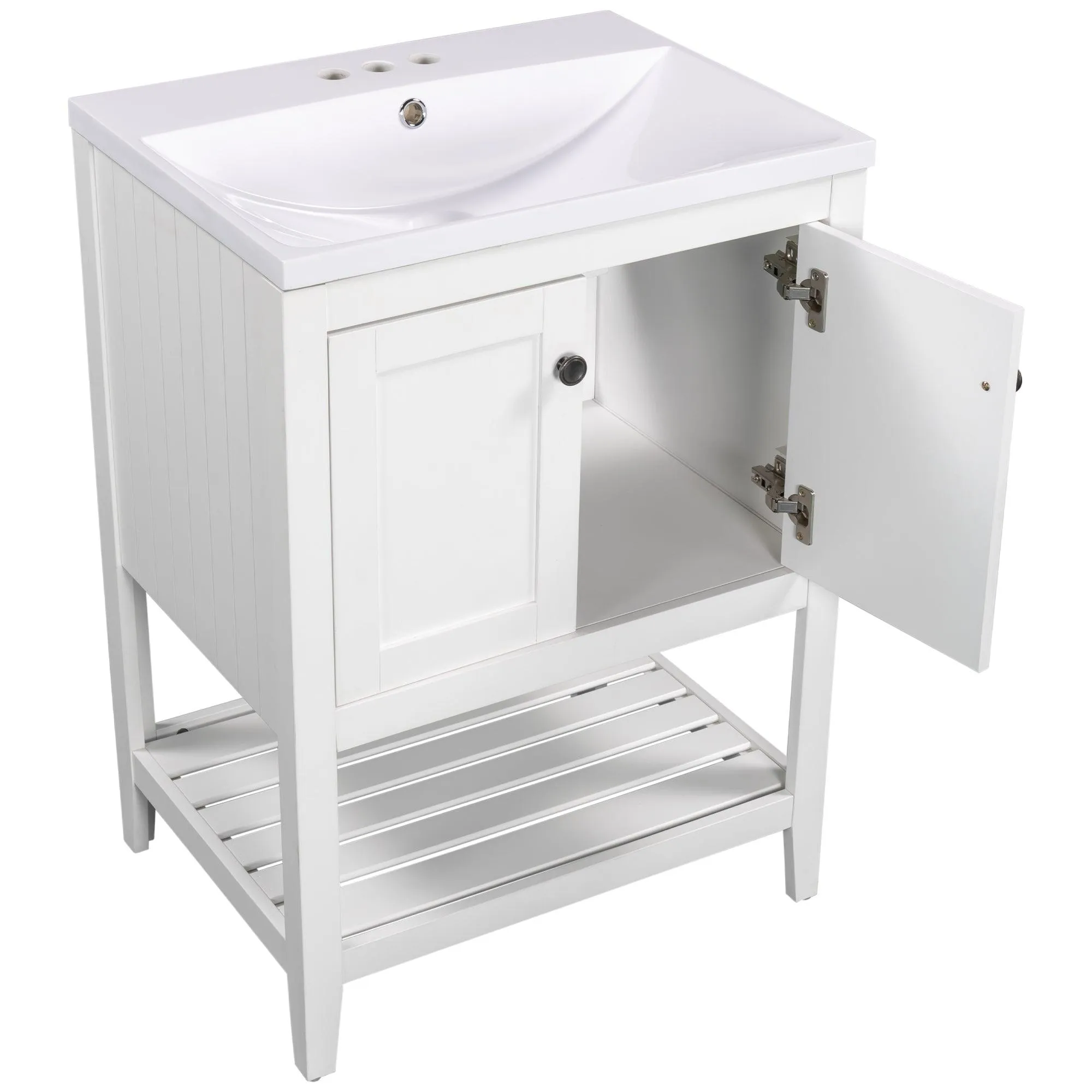 24" White Modern Bathroom Vanity, Sleek Ceramic Sink, Solid Wood Frame with Open Shelf