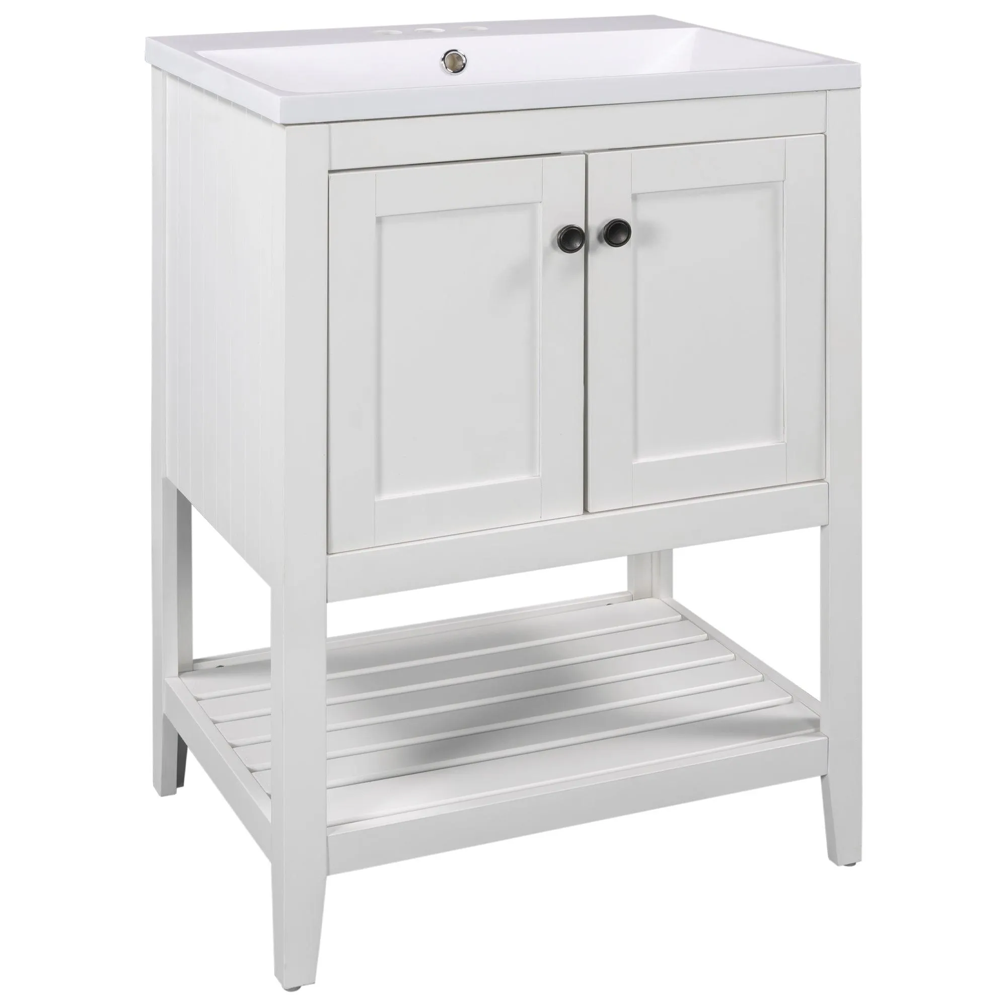 24" White Modern Bathroom Vanity, Sleek Ceramic Sink, Solid Wood Frame with Open Shelf