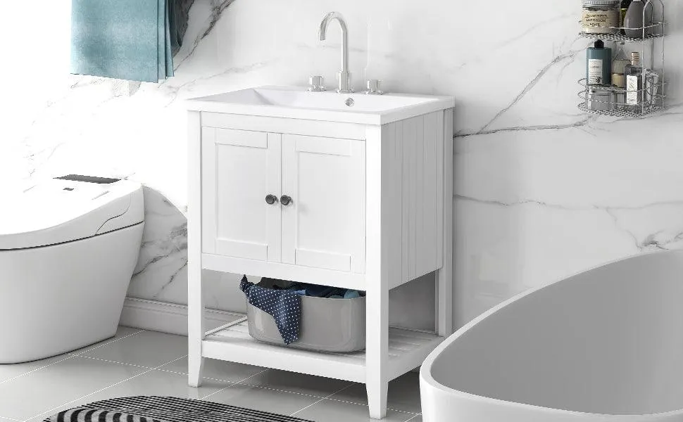 24" White Modern Bathroom Vanity, Sleek Ceramic Sink, Solid Wood Frame with Open Shelf