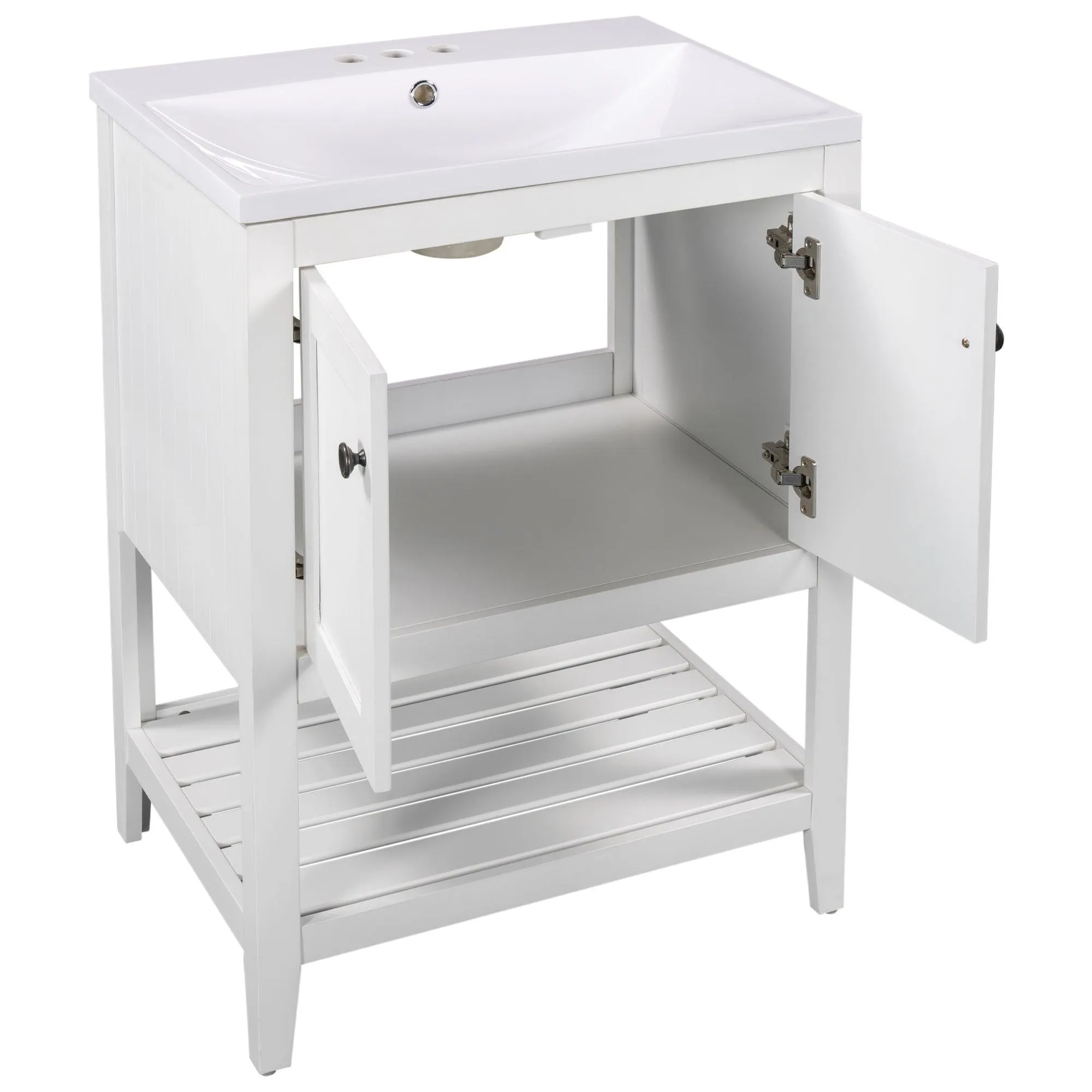 24" White Modern Bathroom Vanity, Sleek Ceramic Sink, Solid Wood Frame with Open Shelf