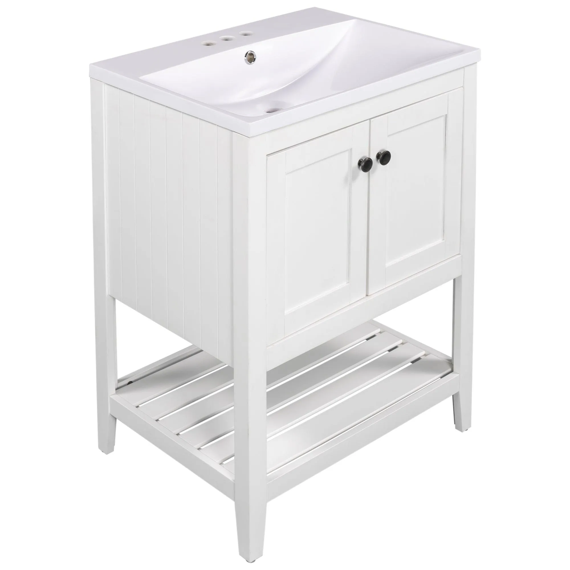 24" White Modern Bathroom Vanity, Sleek Ceramic Sink, Solid Wood Frame with Open Shelf