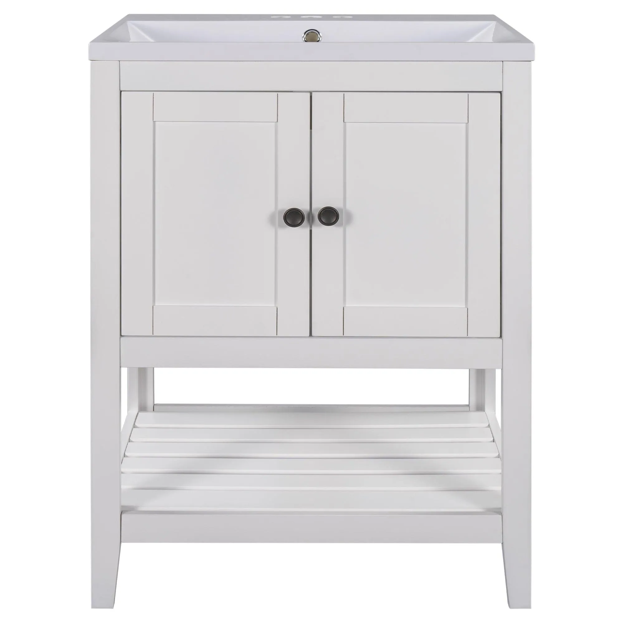 24" White Modern Bathroom Vanity, Sleek Ceramic Sink, Solid Wood Frame with Open Shelf