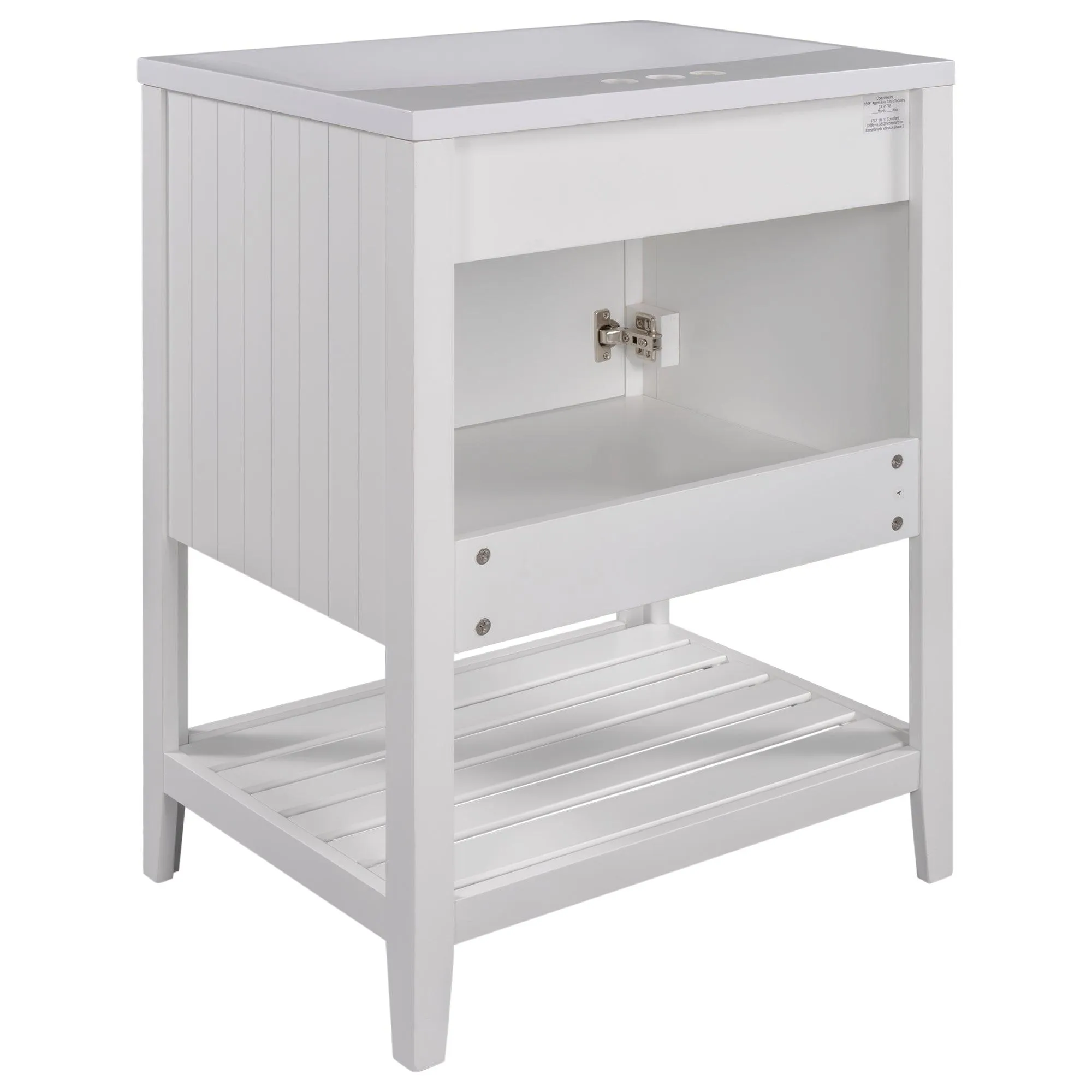 24" White Modern Bathroom Vanity, Sleek Ceramic Sink, Solid Wood Frame with Open Shelf