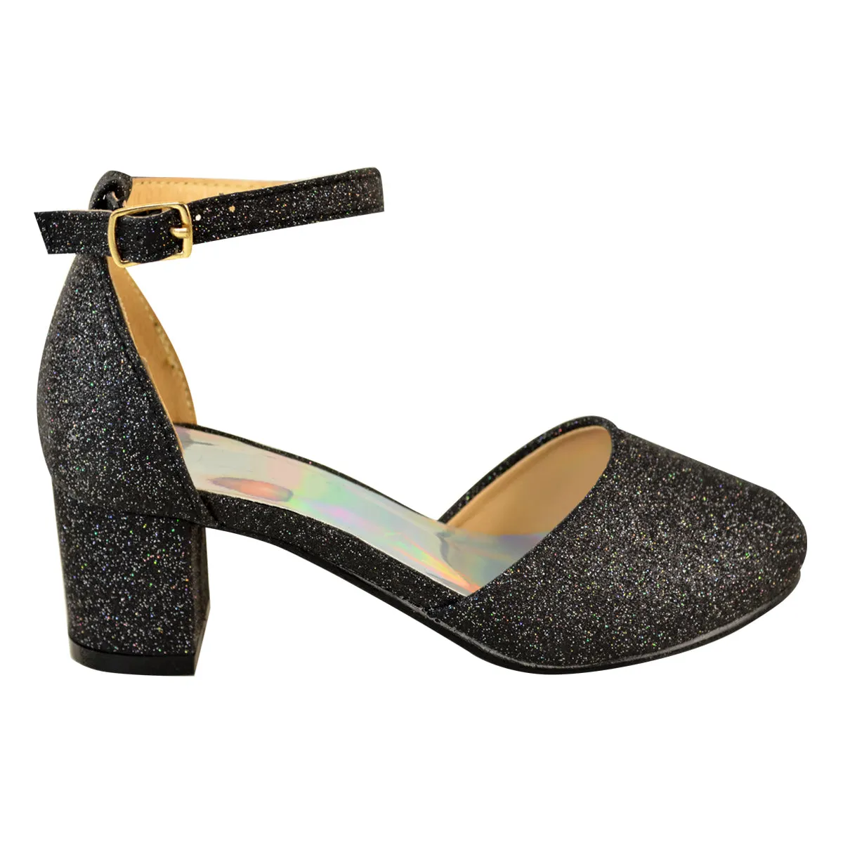 ABENA KIDS CLOSED TOE MID HIGH HEEL SANDALS WITH ANKLE STRAP IN BLACK GLITTER