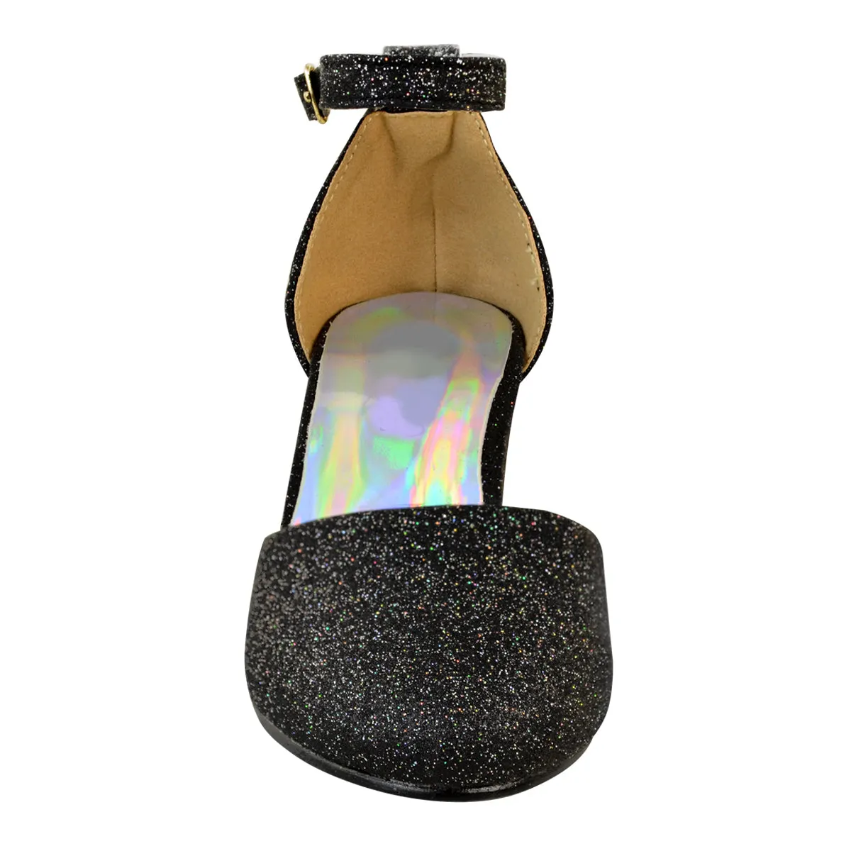 ABENA KIDS CLOSED TOE MID HIGH HEEL SANDALS WITH ANKLE STRAP IN BLACK GLITTER