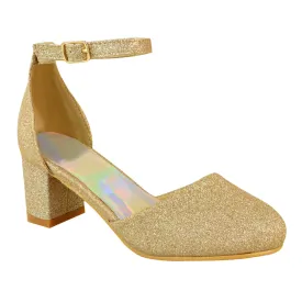 ABENA KIDS CLOSED TOE MID HIGH HEEL SANDALS WITH ANKLE STRAP IN GOLD GLITTER