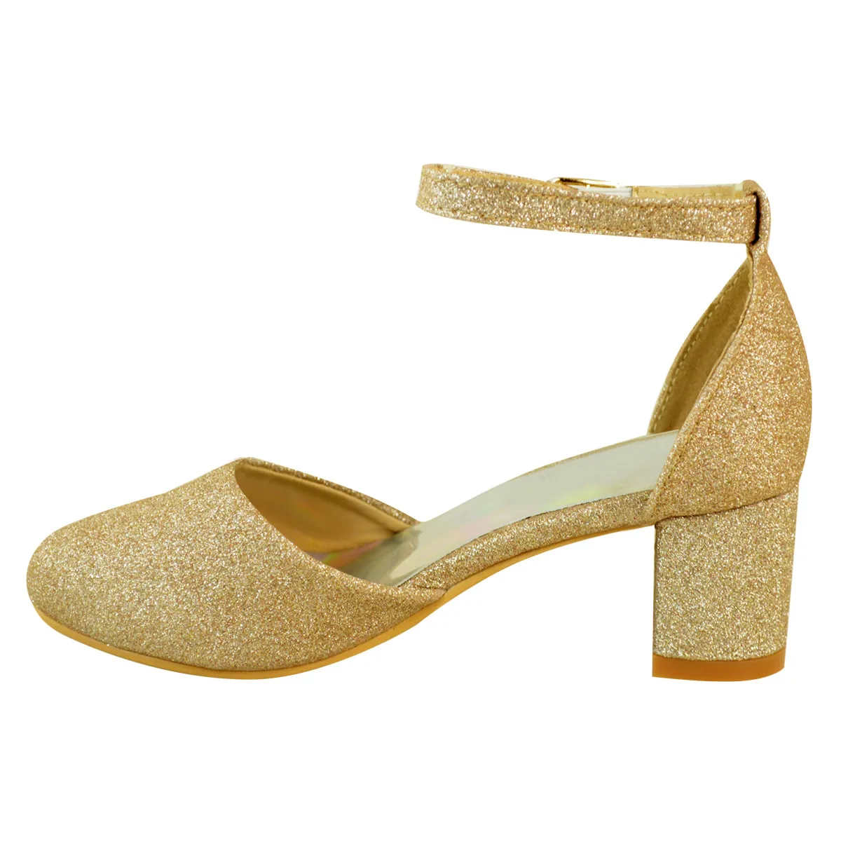 ABENA KIDS CLOSED TOE MID HIGH HEEL SANDALS WITH ANKLE STRAP IN GOLD GLITTER