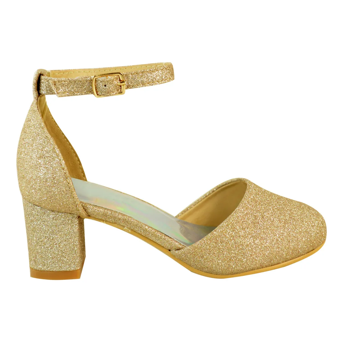 ABENA KIDS CLOSED TOE MID HIGH HEEL SANDALS WITH ANKLE STRAP IN GOLD GLITTER