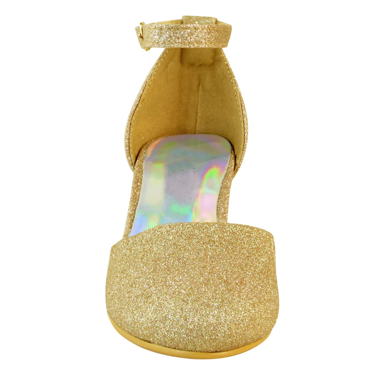 ABENA KIDS CLOSED TOE MID HIGH HEEL SANDALS WITH ANKLE STRAP IN GOLD GLITTER