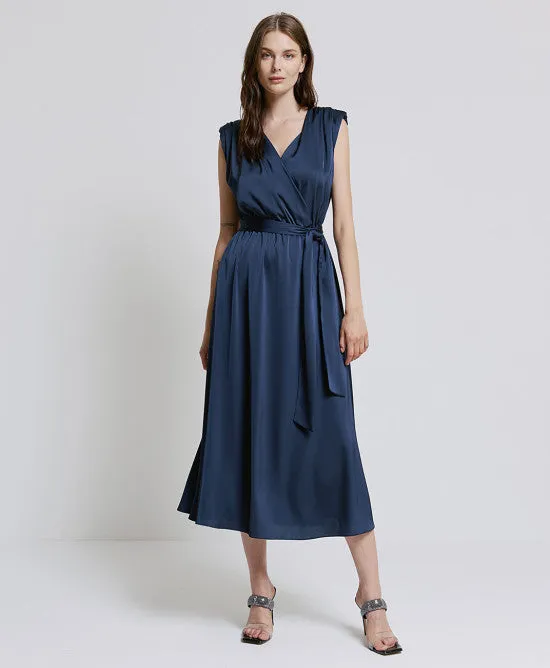 Access Fashion Navy Satin Dress With Tie Belt