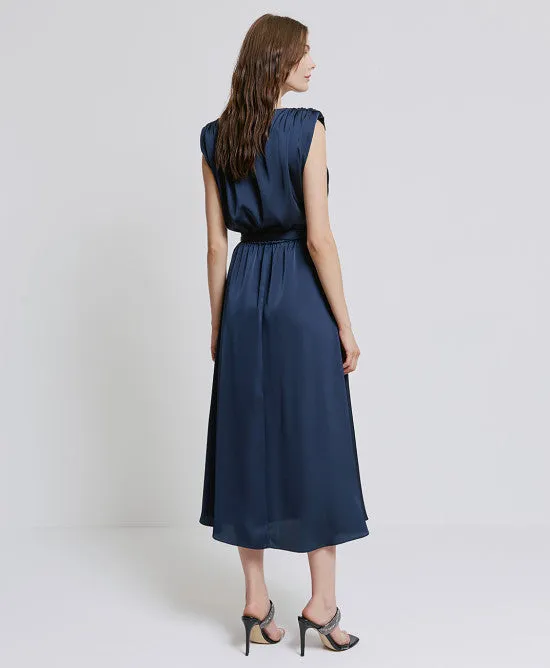 Access Fashion Navy Satin Dress With Tie Belt