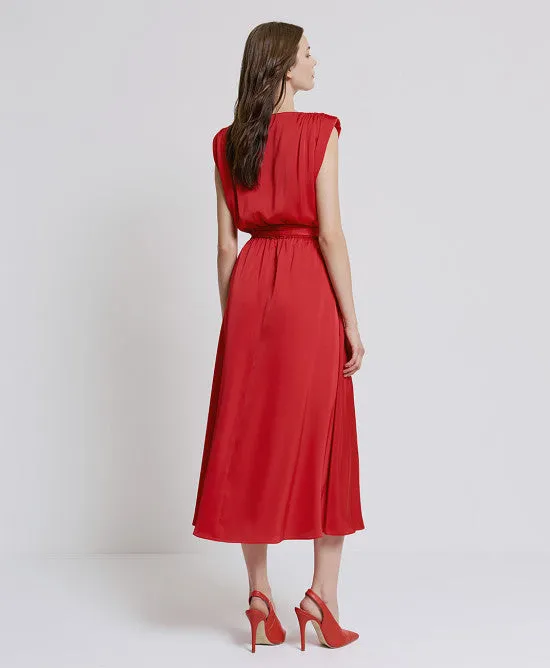 Access Fashion Red Satin Dress With Tie Belt