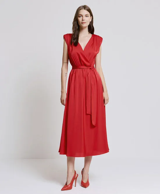 Access Fashion Red Satin Dress With Tie Belt