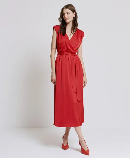 Access Fashion Red Satin Dress With Tie Belt