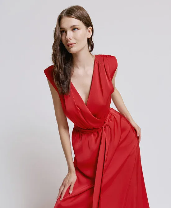 Access Fashion Red Satin Dress With Tie Belt