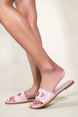 AMARIS SLIDE ON FLAT SANDALS IN BLUSH PINK FAUX LEATHER