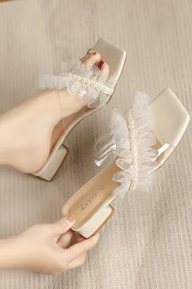 Amozae-Lace Pearl Square Toe Sandals