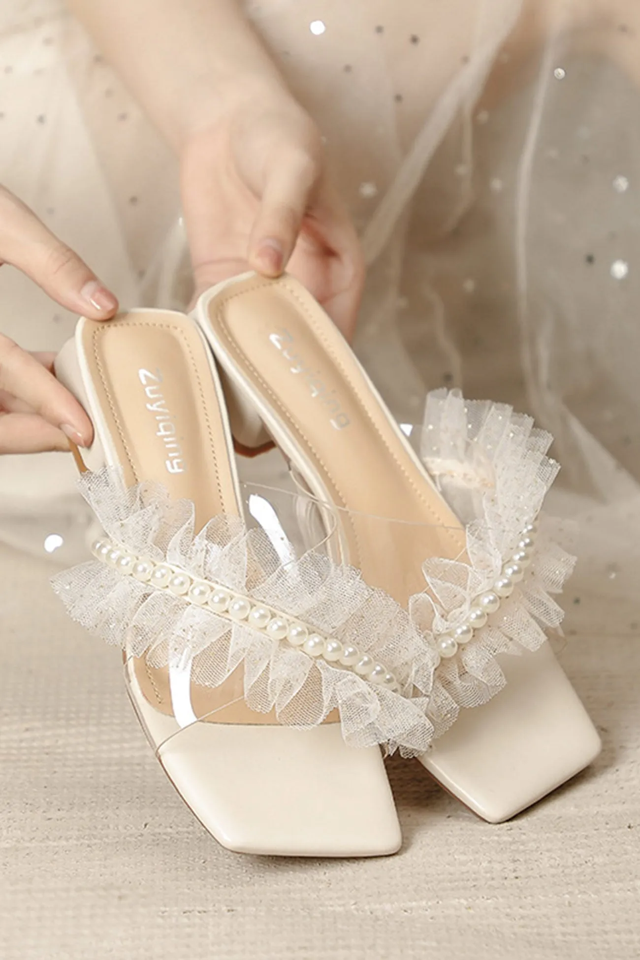 Amozae-Lace Pearl Square Toe Sandals