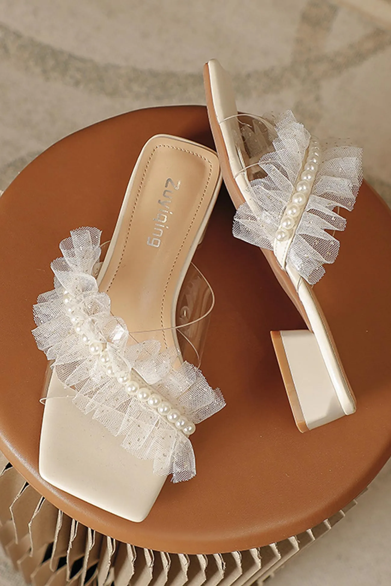 Amozae-Lace Pearl Square Toe Sandals