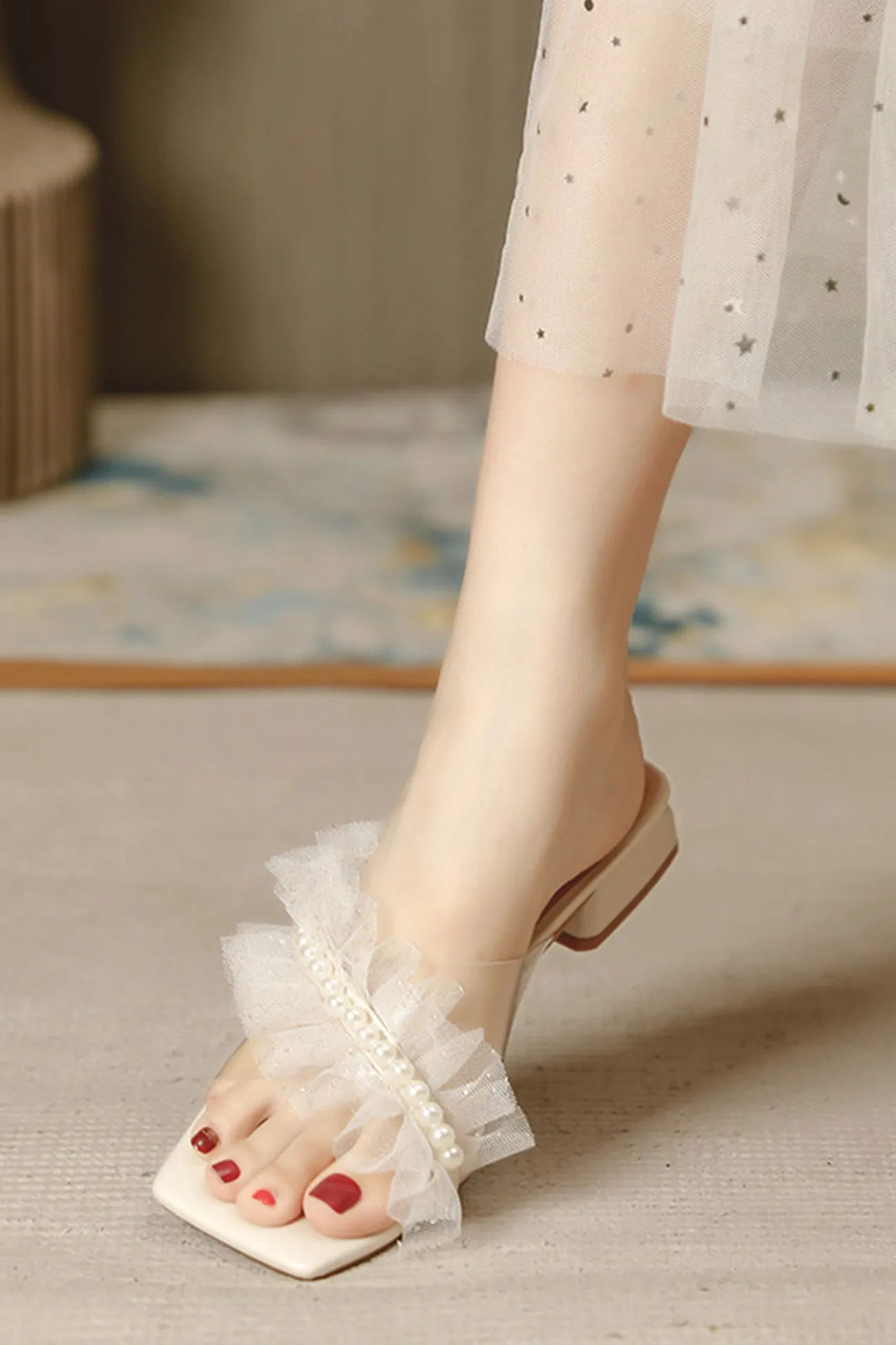 Amozae-Lace Pearl Square Toe Sandals