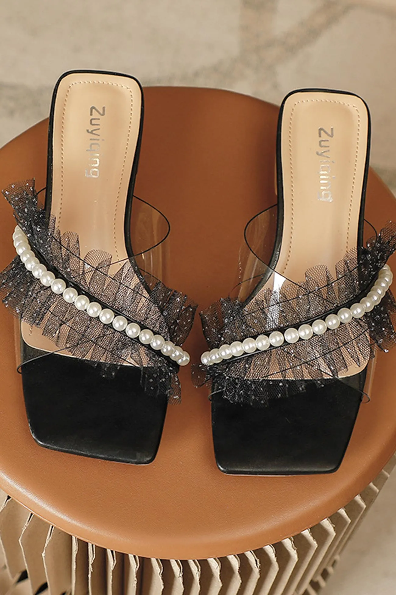 Amozae-Lace Pearl Square Toe Sandals