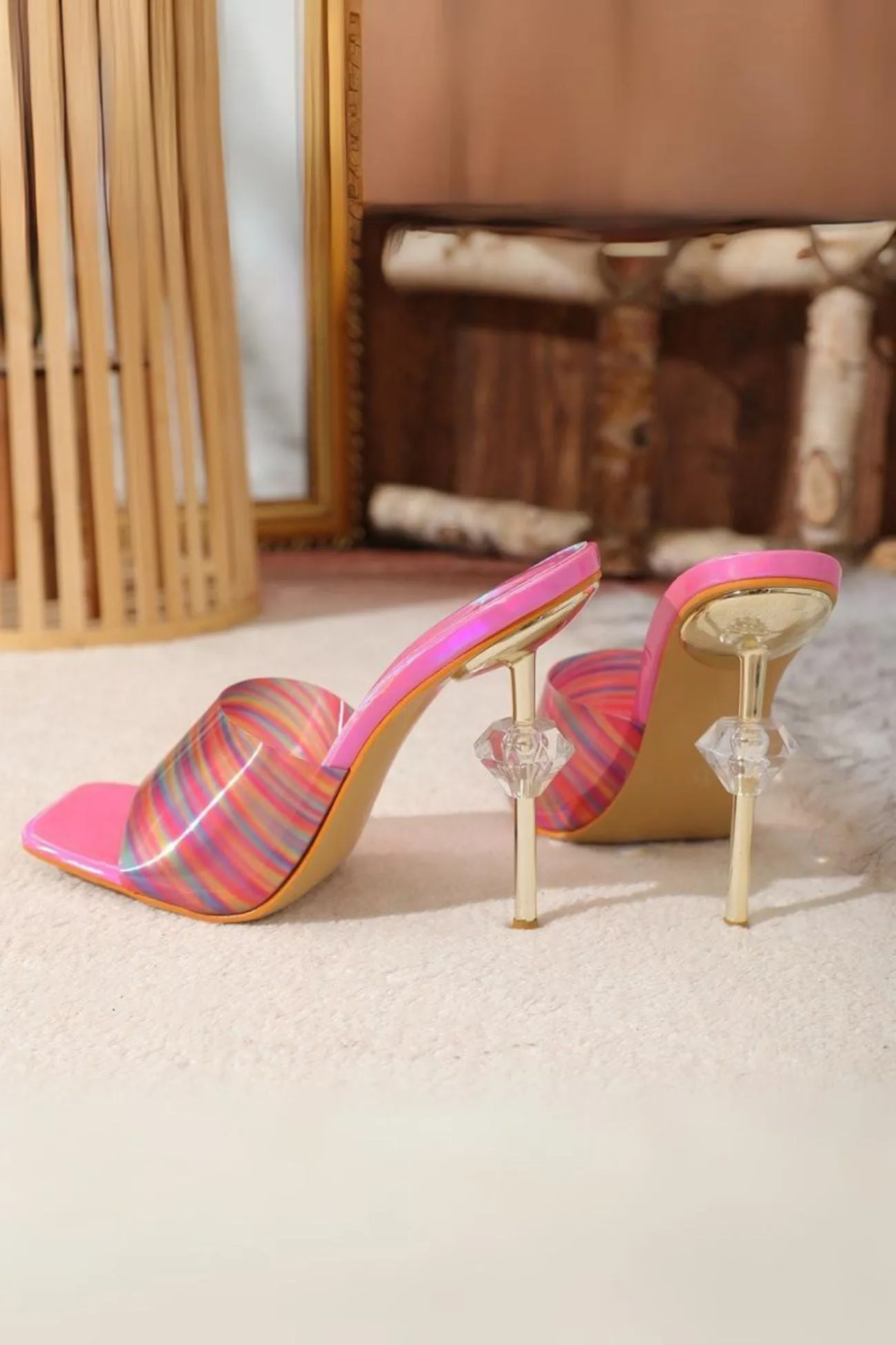 Amozae-Rainbow Printed Heart High Heel Sandals