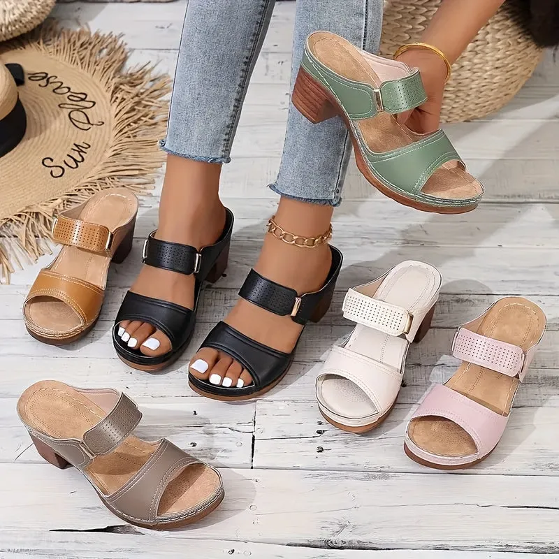 Amozae-Women's Solid Color Stylish Sandals, Soft Sole Casual Chunky Heel Summer Slides, Double Bands Casual Shoes