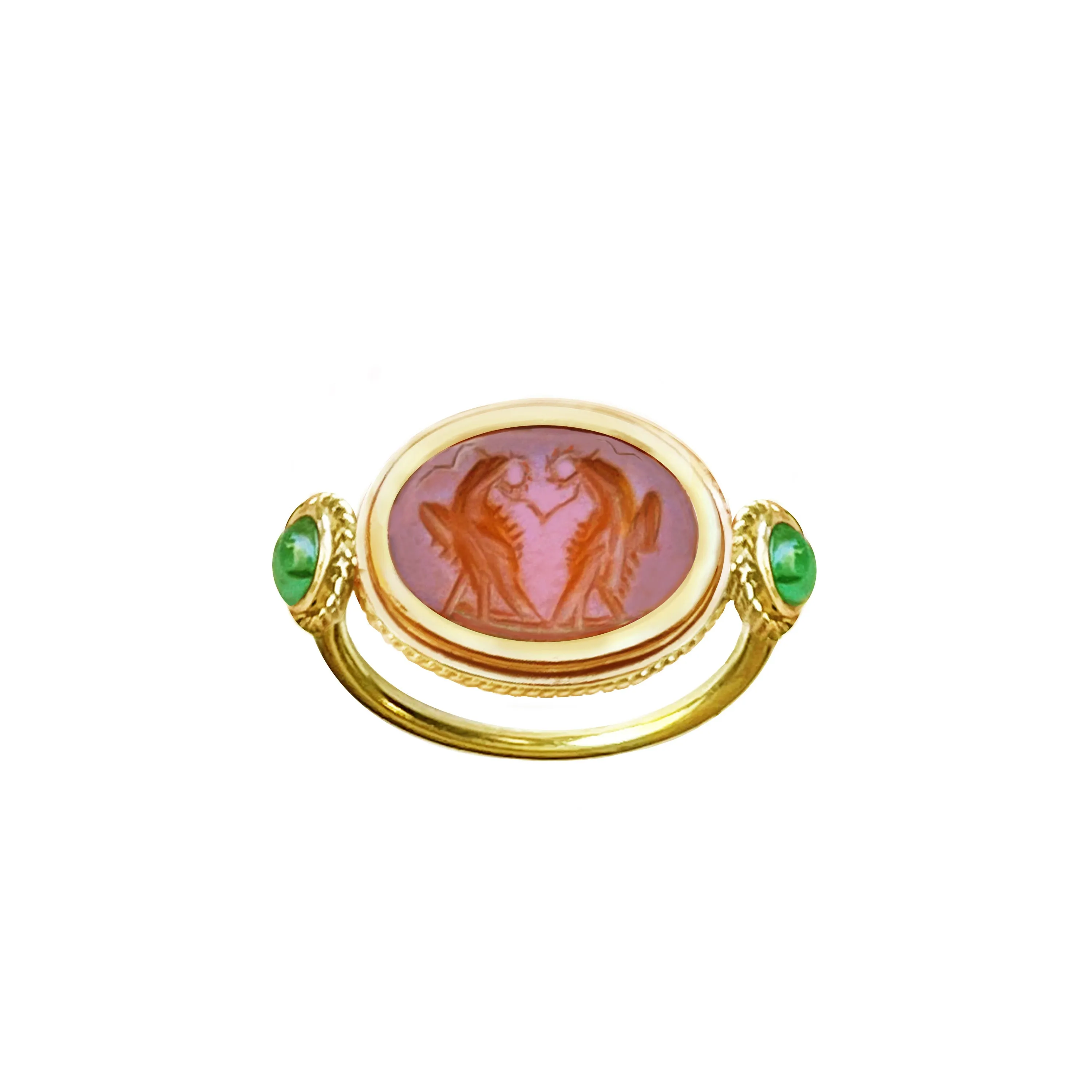 Authentic Ancient Roman Carnelian Intaglio 2nd-3rd Cent. AD 18 Kt Gold Ring depicting 2 Eagles