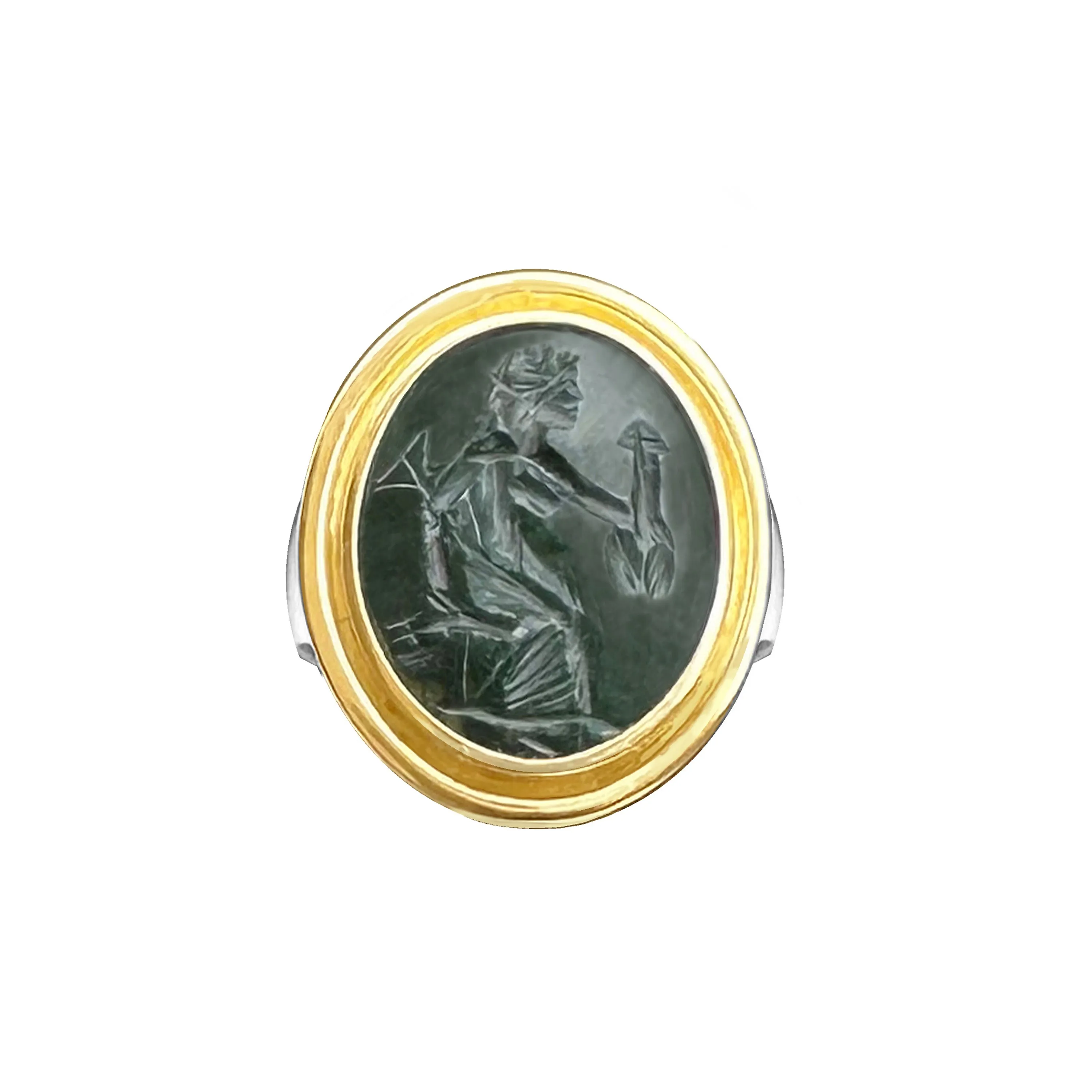 Authentic Ancient Roman intaglio on Prasio depicting Fortune with a phallus 18 kt gold and sterling silver ring