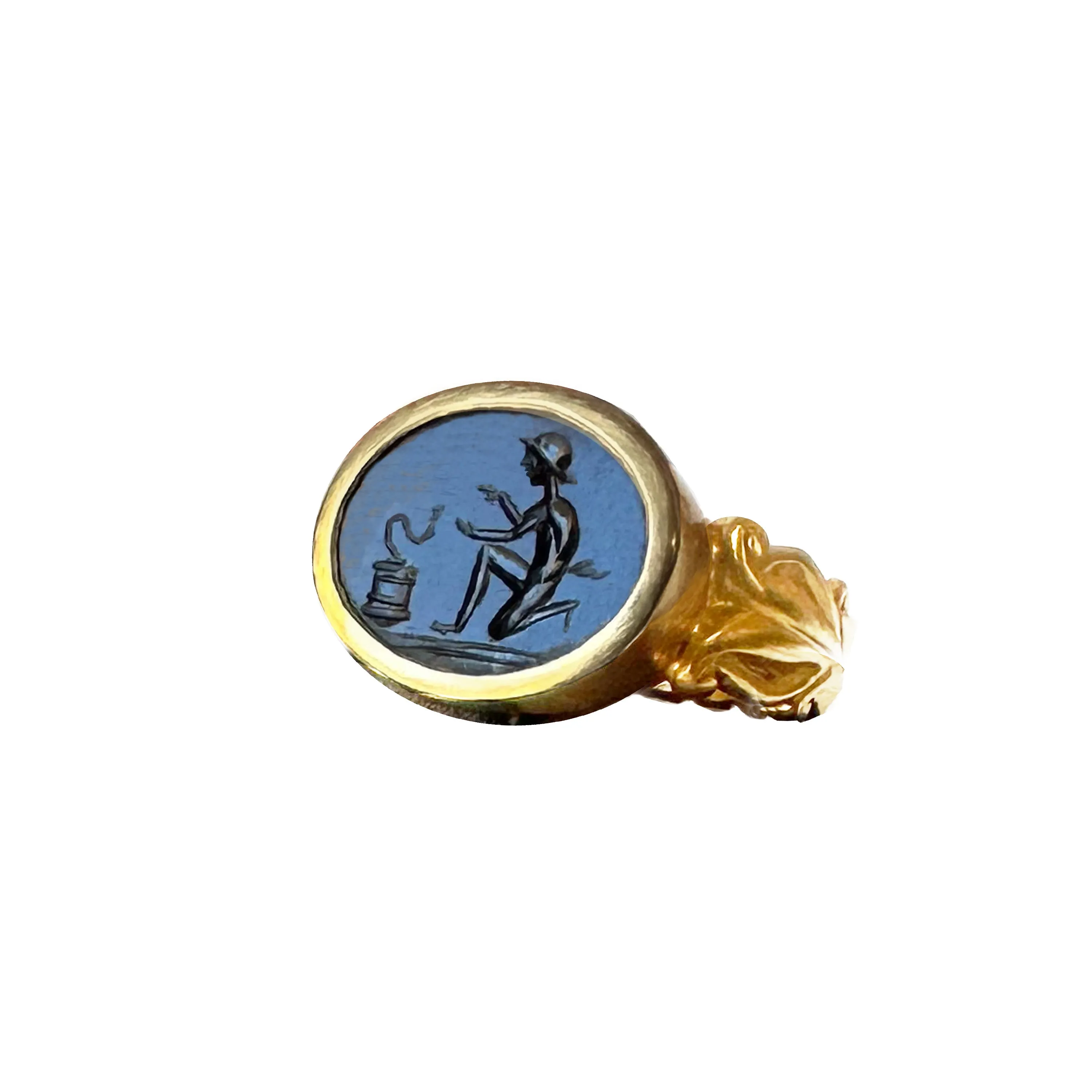 Authentic Ancient Roman Onyx Intaglio 1st-2nd century AD 18 Kt Gold ring depicting a "Marsus" in the act of capturing a Snake