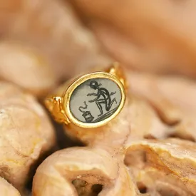 Authentic Ancient Roman Onyx Intaglio 1st-2nd century AD 18 Kt Gold ring depicting a "Marsus" in the act of capturing a Snake