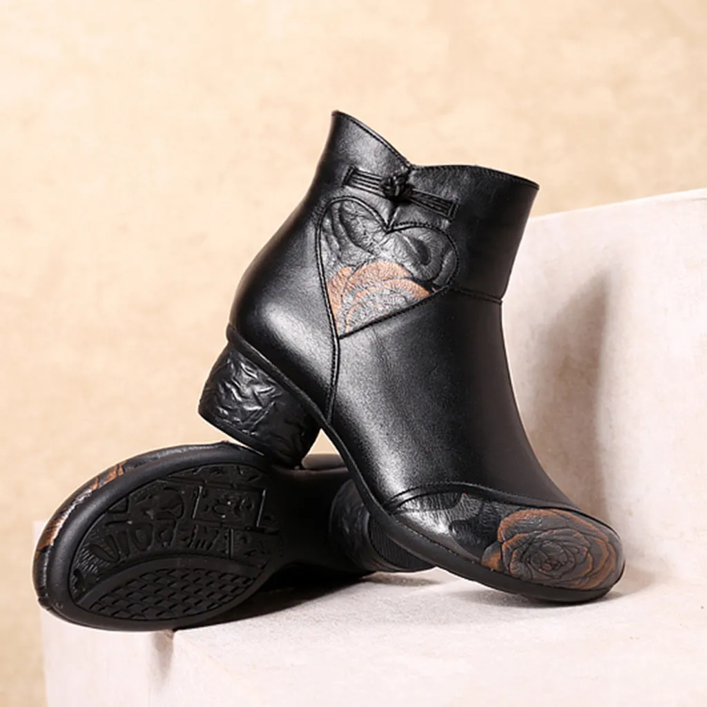 Autumn Winter Retro Leather Handmade Chunky Boots | Gift Shoes