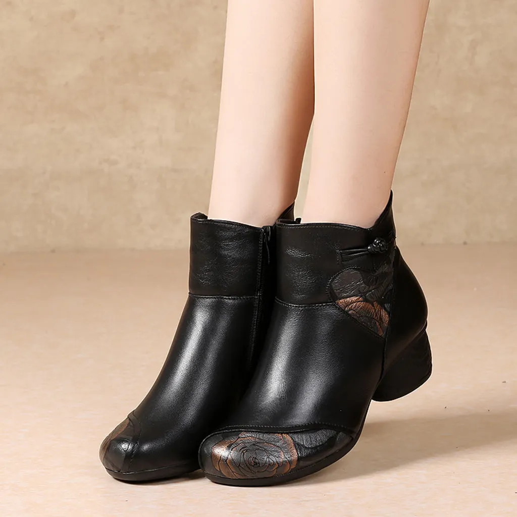 Autumn Winter Retro Leather Handmade Chunky Boots | Gift Shoes