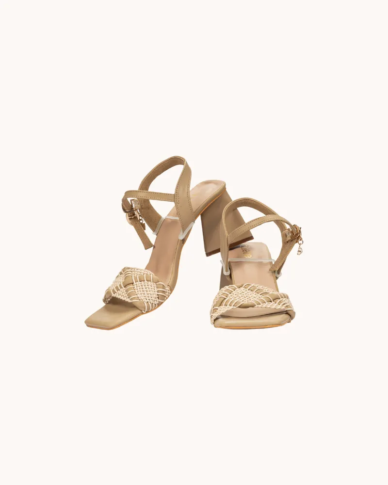 Beige Braided Strap Triangular Block Heels for Women