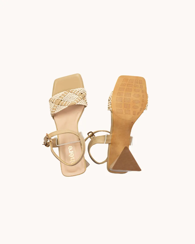 Beige Braided Strap Triangular Block Heels for Women