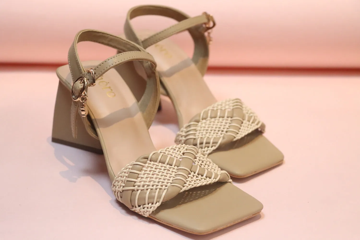 Beige Braided Strap Triangular Block Heels for Women