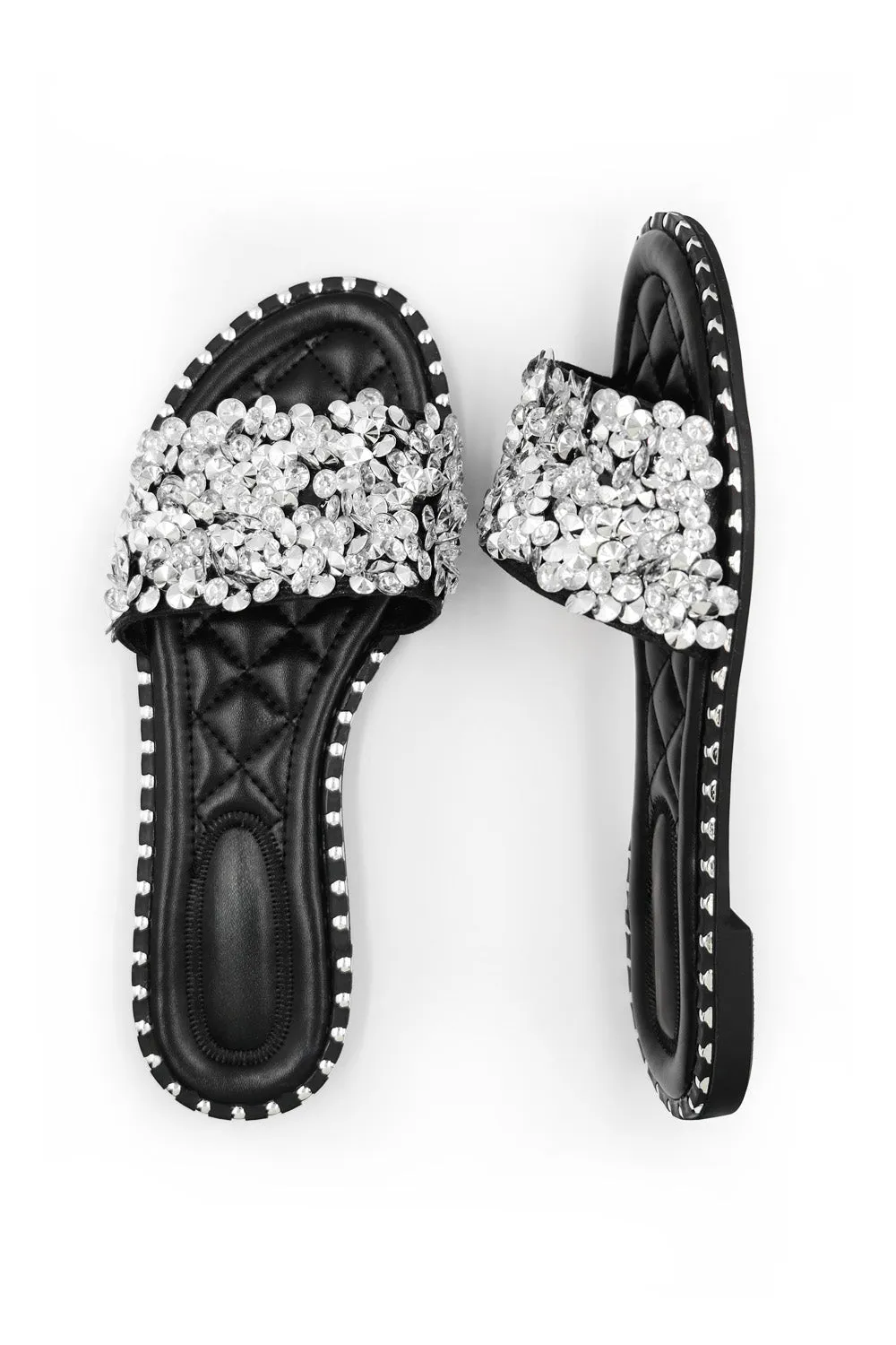 BELLE DIAMANTE SPARKLY FLAT SLIDERS IN BLACK