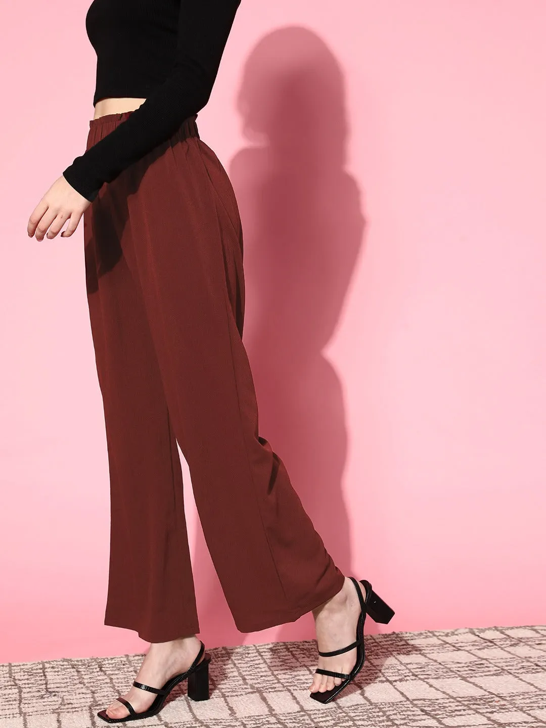 Berrylush Women Solid Maroon Elastic Waist High-Rise Wide Leg Flared Trousers