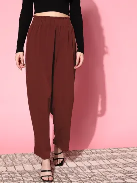 Berrylush Women Solid Maroon Elastic Waist High-Rise Wide Leg Flared Trousers