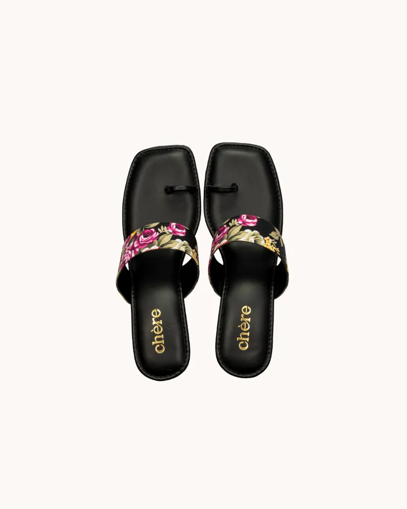 Black Floral Print Casual Block Heels for Women